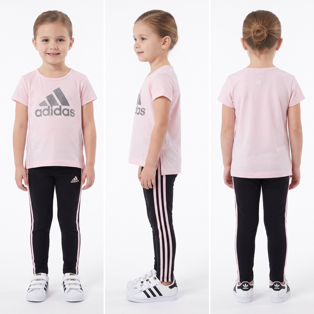 adidas Girls Leggings & Graphic Top Outfit Set Size 5 Light Pink Black